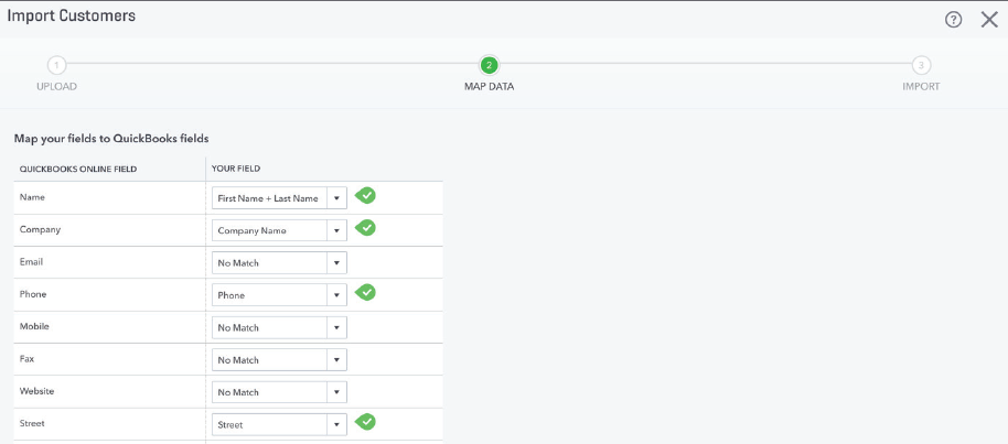 QuickBooks Online Import screen