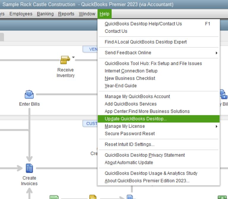 Quickbook desktop interface showing how to update Quickbook desktop