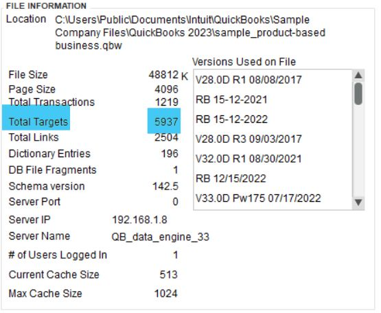 Quickbook desktop interface showing how to check for file size