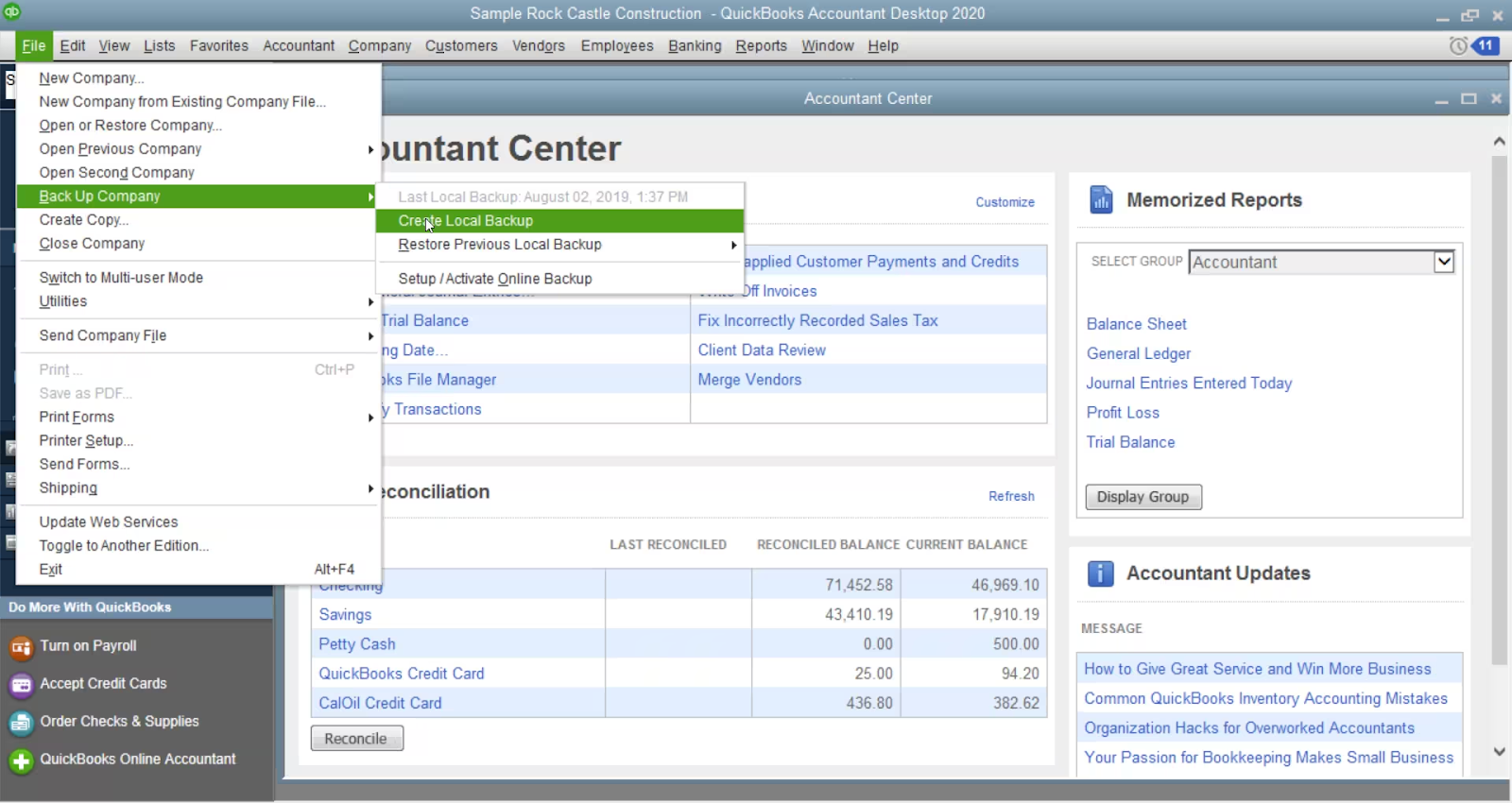 Quickbooks desktop interface showing how to start backup process before switching from Quickbooks desktop to Quickbooks online