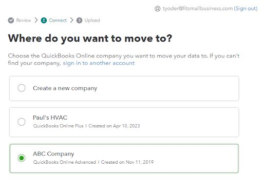 Quickbooks online screenshot showing the process of switching from Quickbooks desktop to Quickbooks online