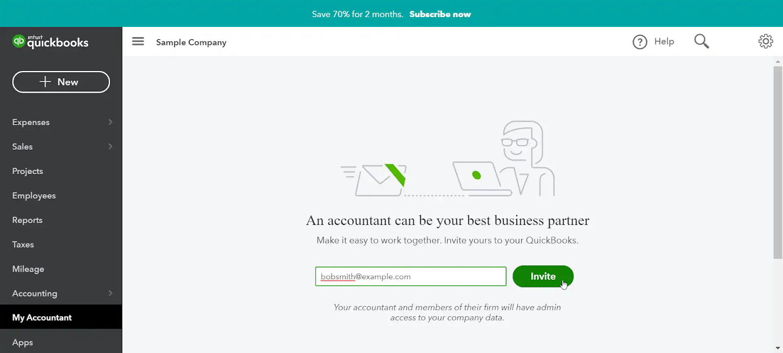 Quickbooks online screenshot showing how to invite an accountant